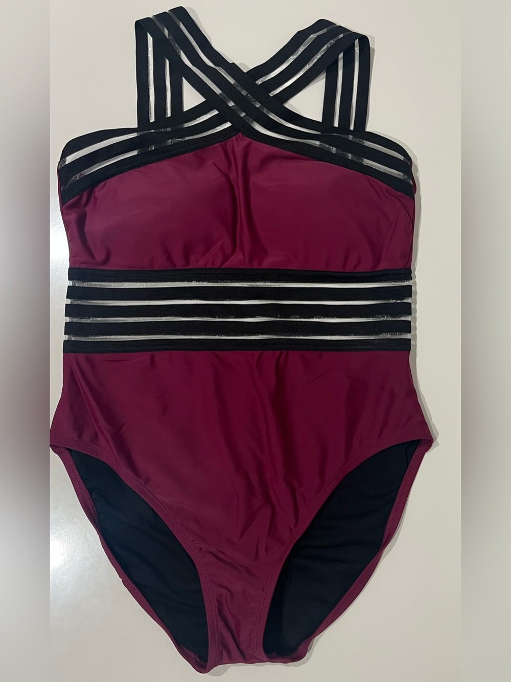 Amazon Women’s One-Piece Swimsuit - Burgundy with Black Strappy Accents
